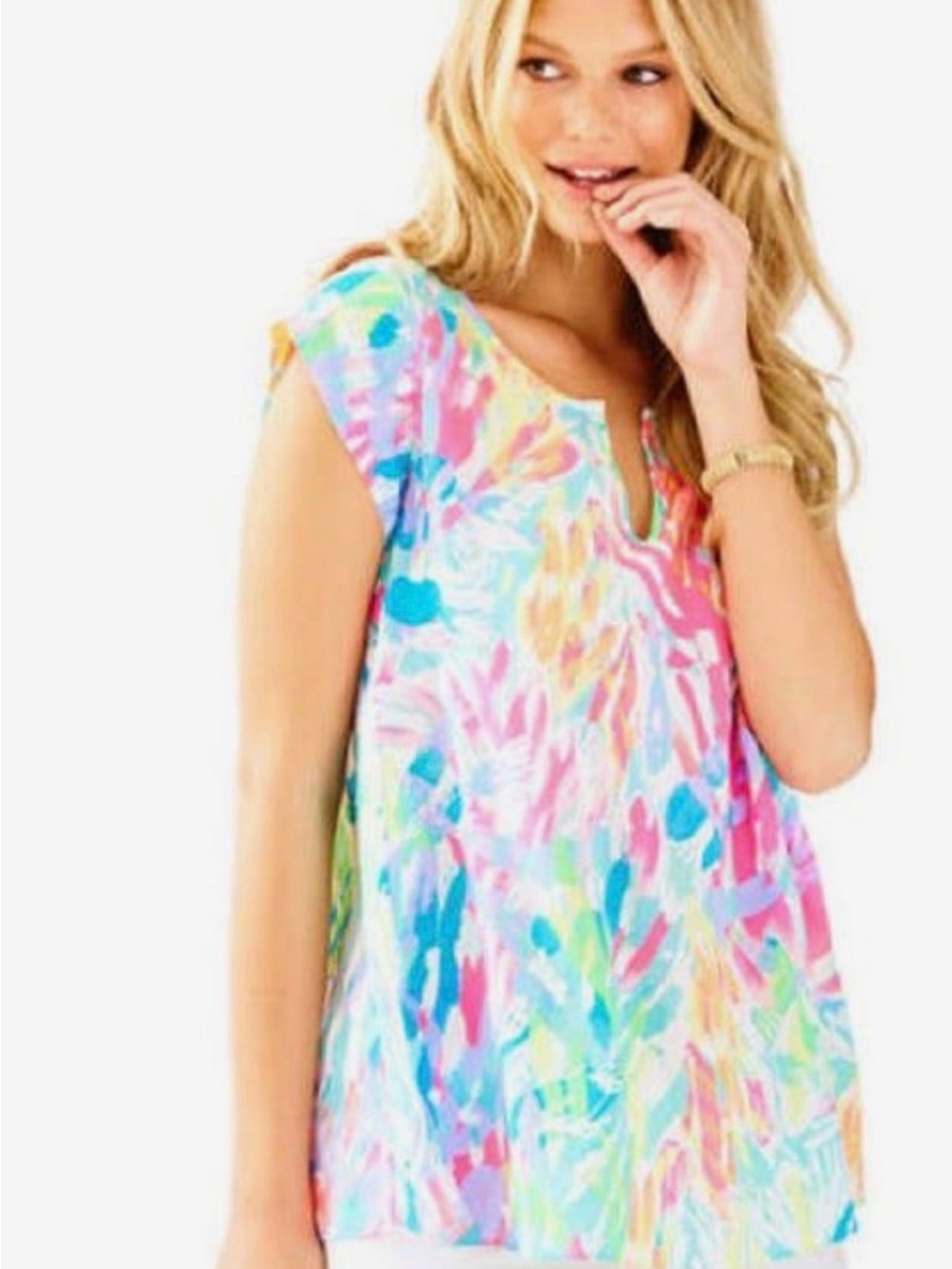 Lilly Pulitzer Shelley Top Sparkling Sands Print Bright Tropical Rayon Blouse S